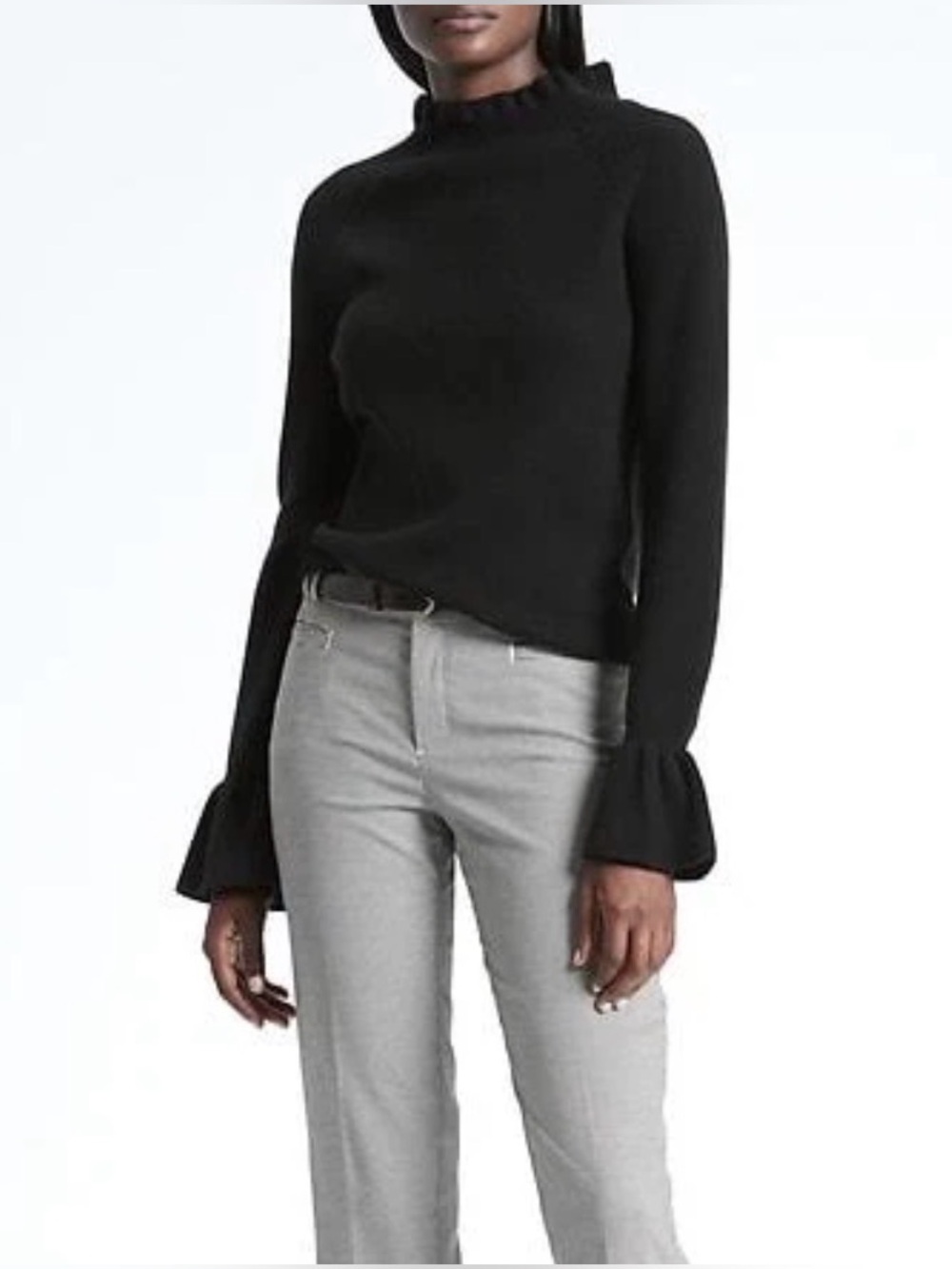 Banana Republic Merino Wool Cashmere Ruffle Cuff Sweater Black Medium Petite